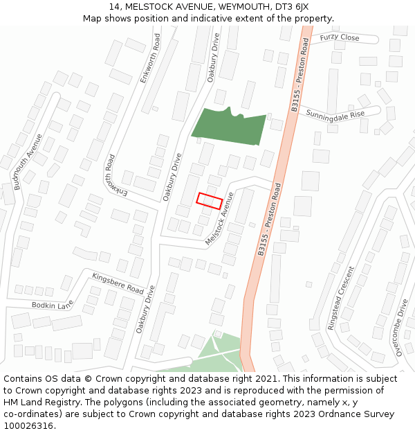 14, MELSTOCK AVENUE, WEYMOUTH, DT3 6JX: Location map and indicative extent of plot