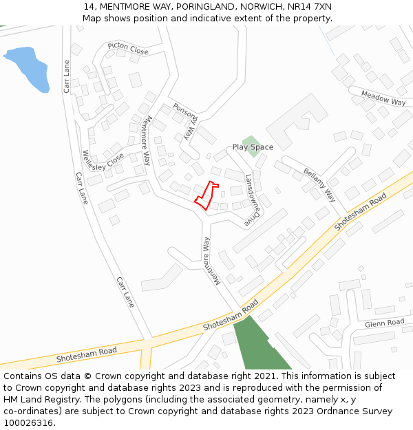 14, MENTMORE WAY, PORINGLAND, NORWICH, NR14 7XN: Location map and indicative extent of plot