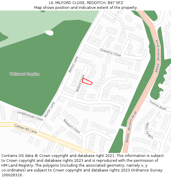 14, MILFORD CLOSE, REDDITCH, B97 5PZ: Location map and indicative extent of plot