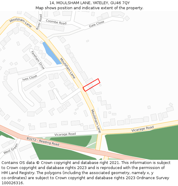 14, MOULSHAM LANE, YATELEY, GU46 7QY: Location map and indicative extent of plot