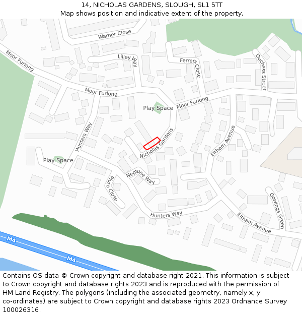 14, NICHOLAS GARDENS, SLOUGH, SL1 5TT: Location map and indicative extent of plot