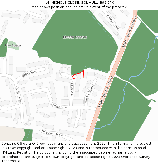 14, NICHOLS CLOSE, SOLIHULL, B92 0PX: Location map and indicative extent of plot