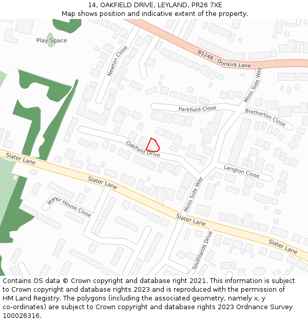 14, OAKFIELD DRIVE, LEYLAND, PR26 7XE: Location map and indicative extent of plot