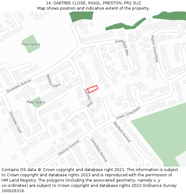 14, OAKTREE CLOSE, INGOL, PRESTON, PR2 3UZ: Location map and indicative extent of plot