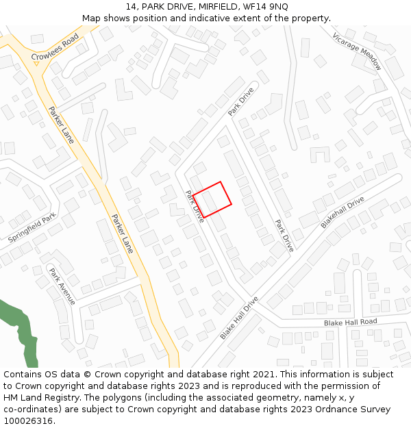 14, PARK DRIVE, MIRFIELD, WF14 9NQ: Location map and indicative extent of plot