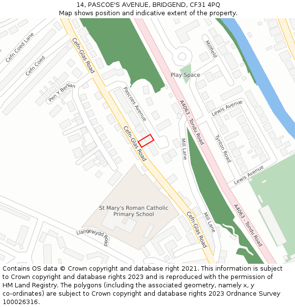 14, PASCOE'S AVENUE, BRIDGEND, CF31 4PQ: Location map and indicative extent of plot