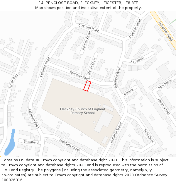 14, PENCLOSE ROAD, FLECKNEY, LEICESTER, LE8 8TE: Location map and indicative extent of plot