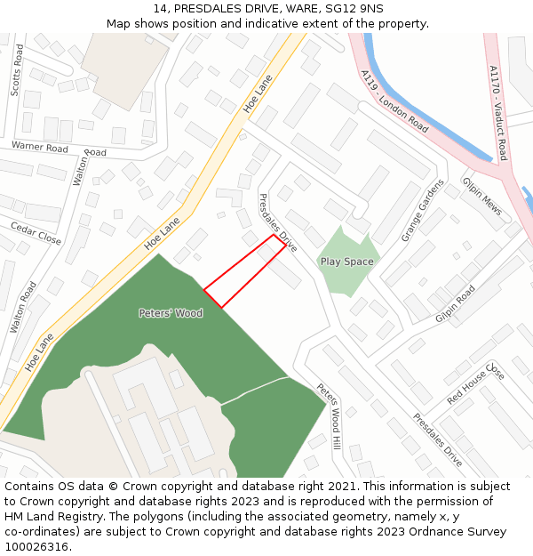 14, PRESDALES DRIVE, WARE, SG12 9NS: Location map and indicative extent of plot