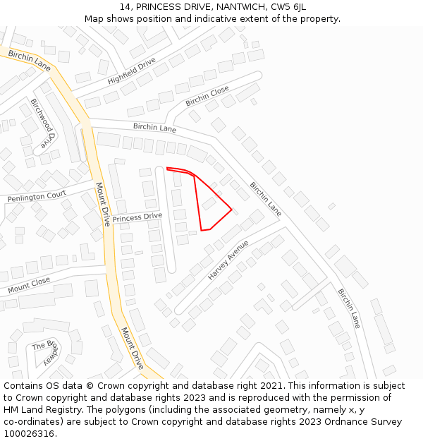 14, PRINCESS DRIVE, NANTWICH, CW5 6JL: Location map and indicative extent of plot