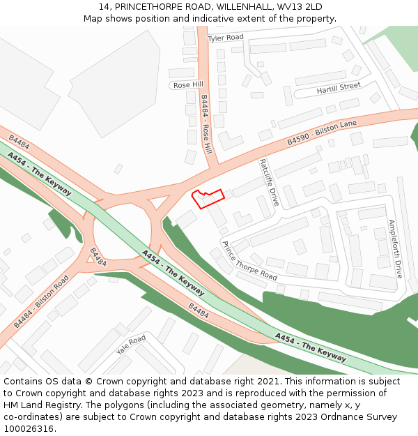 14, PRINCETHORPE ROAD, WILLENHALL, WV13 2LD: Location map and indicative extent of plot