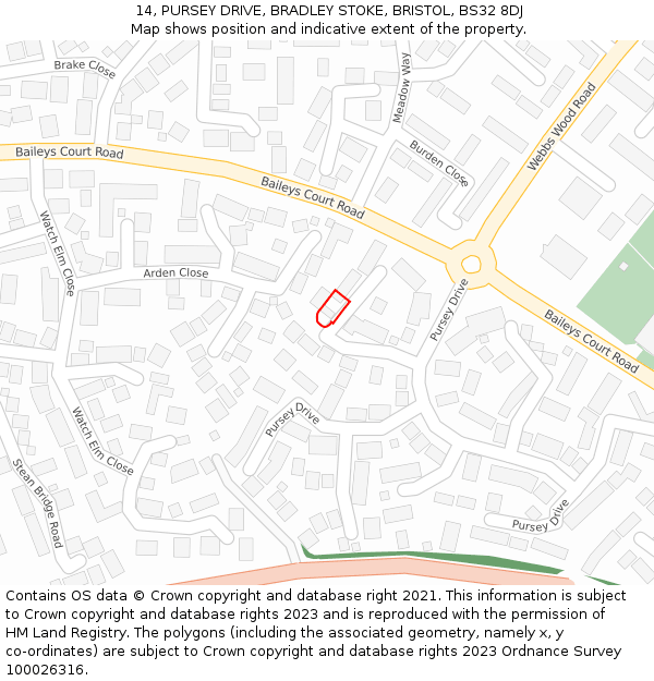 14, PURSEY DRIVE, BRADLEY STOKE, BRISTOL, BS32 8DJ: Location map and indicative extent of plot