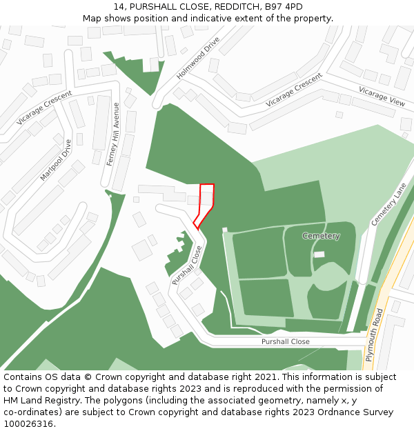 14, PURSHALL CLOSE, REDDITCH, B97 4PD: Location map and indicative extent of plot