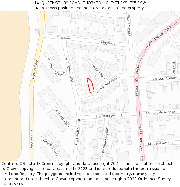 14, QUEENSBURY ROAD, THORNTON-CLEVELEYS, FY5 1SW: Location map and indicative extent of plot