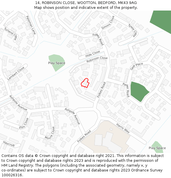 14, ROBINSON CLOSE, WOOTTON, BEDFORD, MK43 9AG: Location map and indicative extent of plot