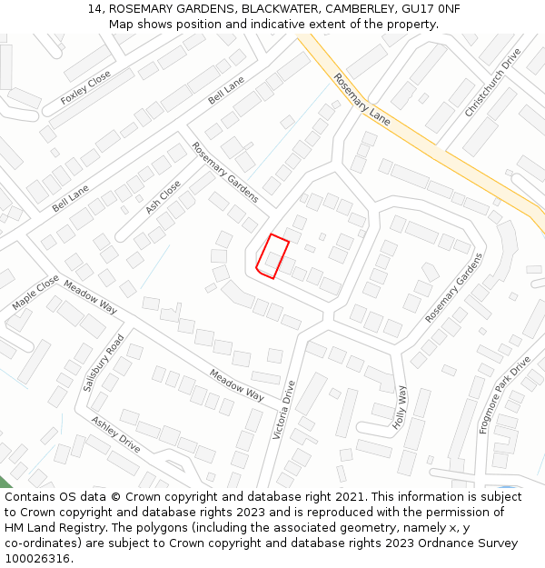 14, ROSEMARY GARDENS, BLACKWATER, CAMBERLEY, GU17 0NF: Location map and indicative extent of plot