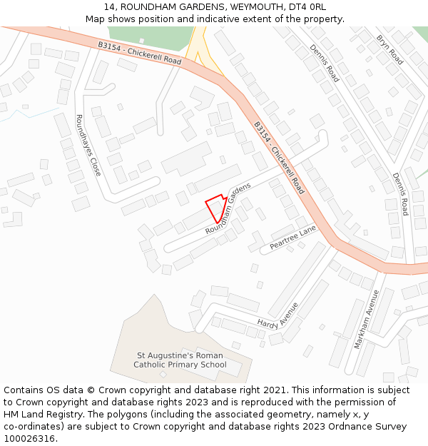 14, ROUNDHAM GARDENS, WEYMOUTH, DT4 0RL: Location map and indicative extent of plot