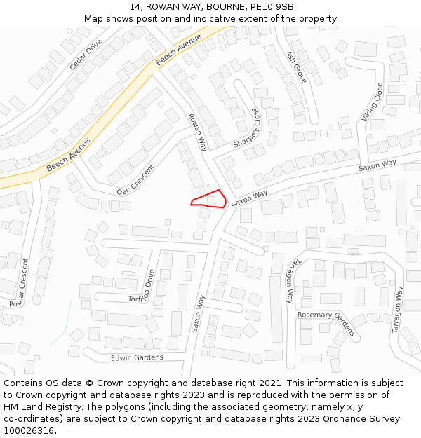 14, ROWAN WAY, BOURNE, PE10 9SB: Location map and indicative extent of plot
