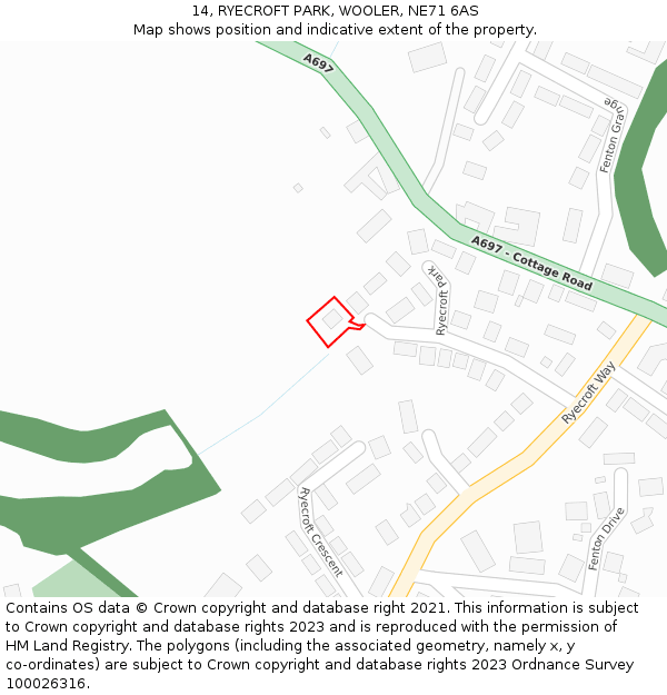 14, RYECROFT PARK, WOOLER, NE71 6AS: Location map and indicative extent of plot