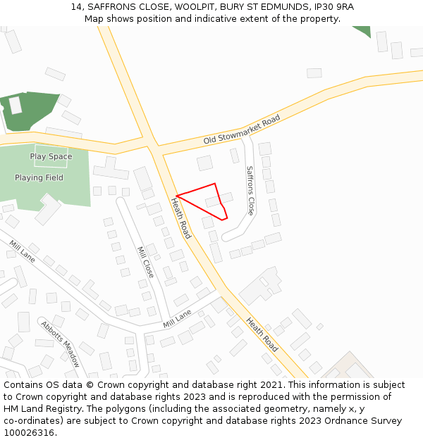 14, SAFFRONS CLOSE, WOOLPIT, BURY ST EDMUNDS, IP30 9RA: Location map and indicative extent of plot