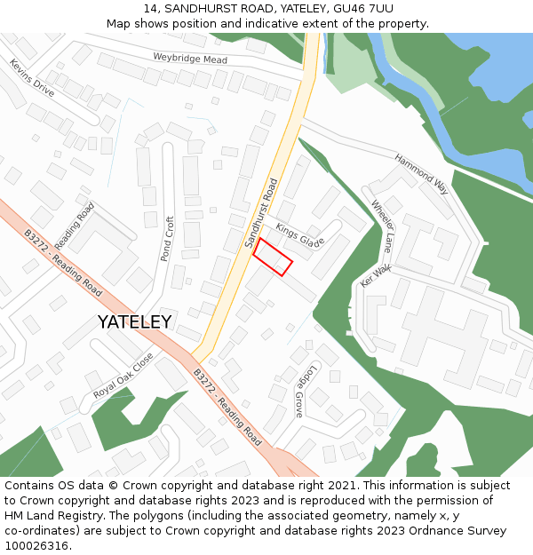 14, SANDHURST ROAD, YATELEY, GU46 7UU: Location map and indicative extent of plot