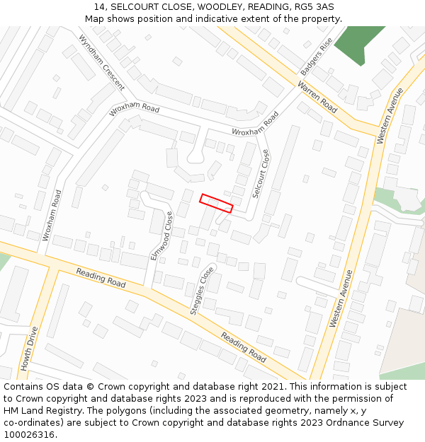 14, SELCOURT CLOSE, WOODLEY, READING, RG5 3AS: Location map and indicative extent of plot