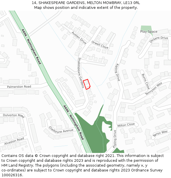 14, SHAKESPEARE GARDENS, MELTON MOWBRAY, LE13 0RL: Location map and indicative extent of plot