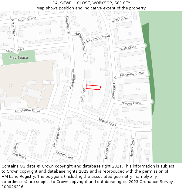 14, SITWELL CLOSE, WORKSOP, S81 0EY: Location map and indicative extent of plot