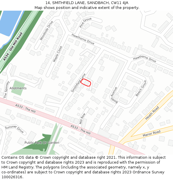 14, SMITHFIELD LANE, SANDBACH, CW11 4JA: Location map and indicative extent of plot