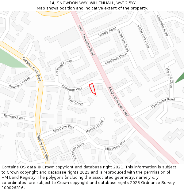 14, SNOWDON WAY, WILLENHALL, WV12 5YY: Location map and indicative extent of plot