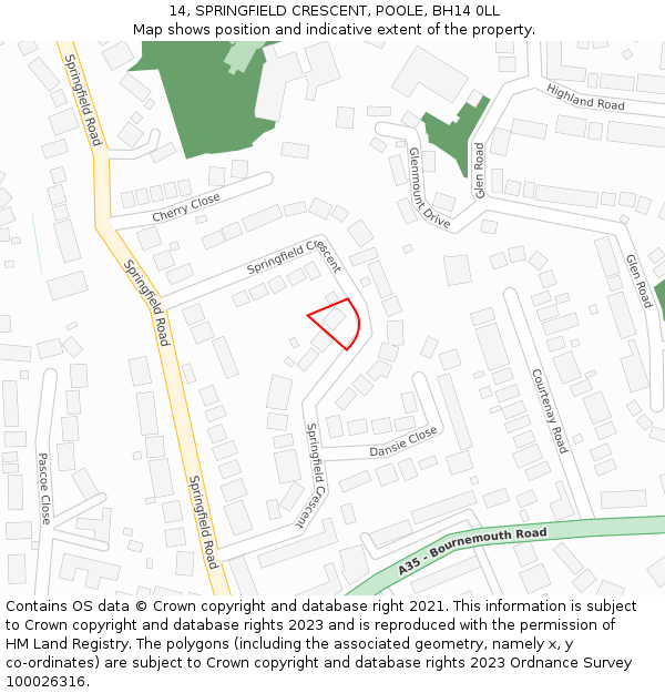 14, SPRINGFIELD CRESCENT, POOLE, BH14 0LL: Location map and indicative extent of plot