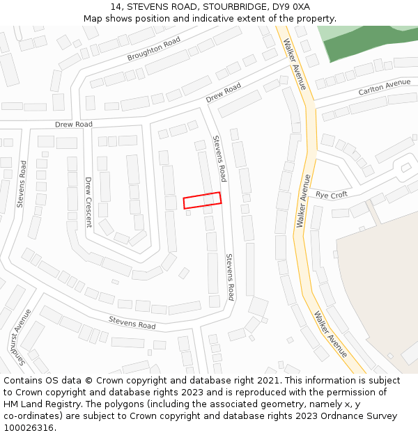 14, STEVENS ROAD, STOURBRIDGE, DY9 0XA: Location map and indicative extent of plot