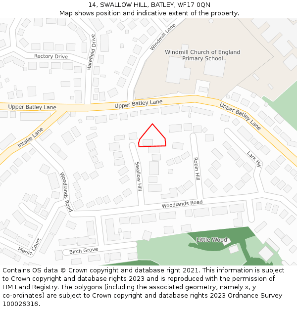 14, SWALLOW HILL, BATLEY, WF17 0QN: Location map and indicative extent of plot