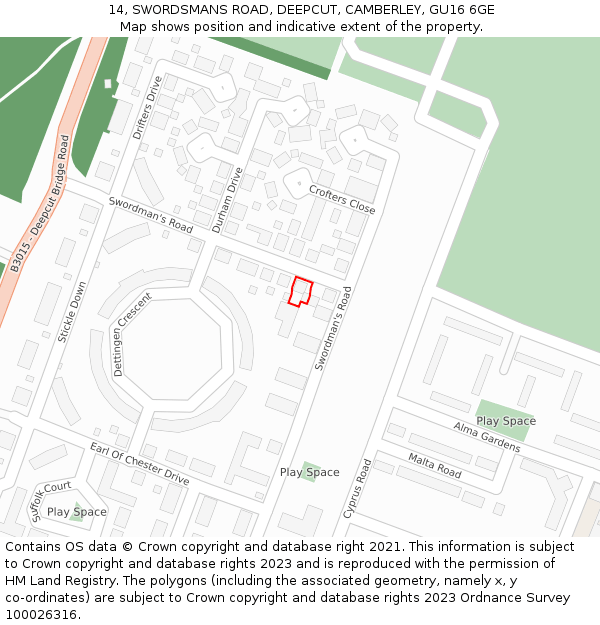 14, SWORDSMANS ROAD, DEEPCUT, CAMBERLEY, GU16 6GE: Location map and indicative extent of plot