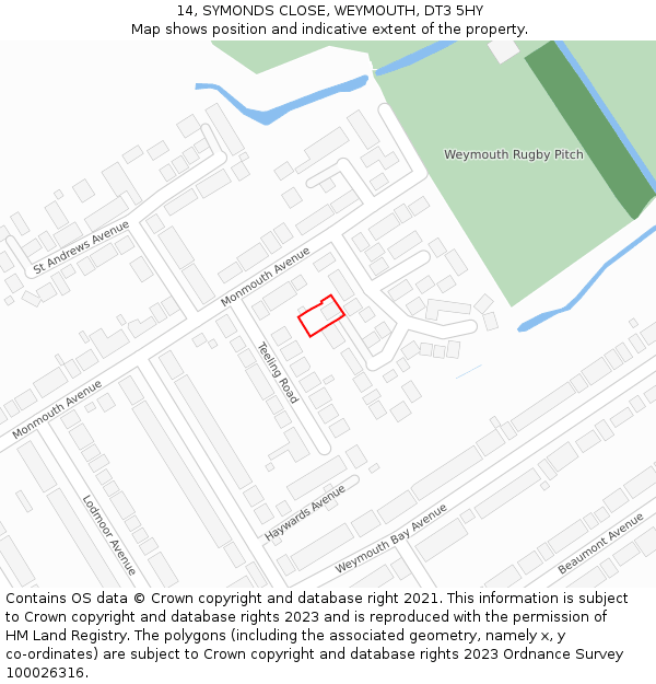 14, SYMONDS CLOSE, WEYMOUTH, DT3 5HY: Location map and indicative extent of plot