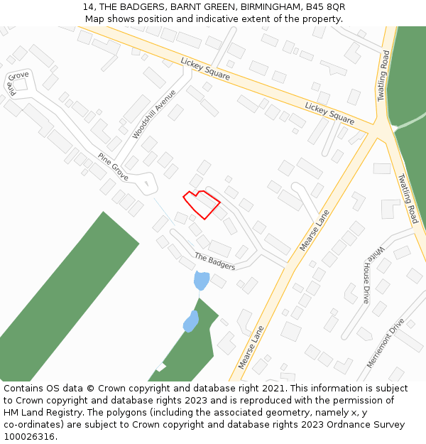 14, THE BADGERS, BARNT GREEN, BIRMINGHAM, B45 8QR: Location map and indicative extent of plot
