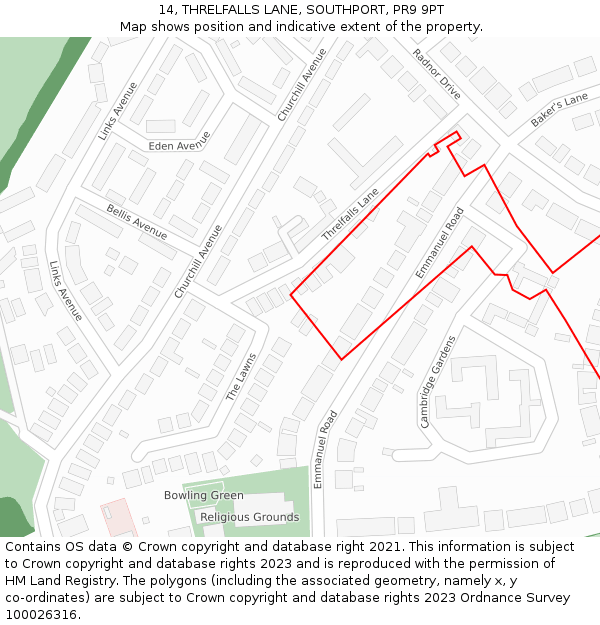 14, THRELFALLS LANE, SOUTHPORT, PR9 9PT: Location map and indicative extent of plot