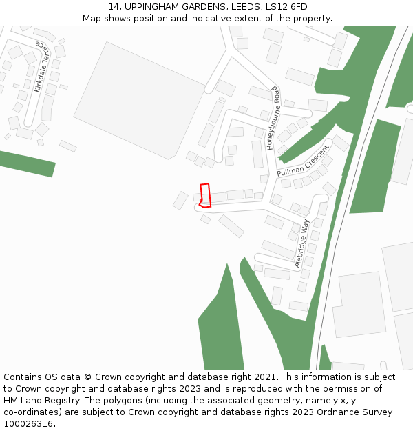 14, UPPINGHAM GARDENS, LEEDS, LS12 6FD: Location map and indicative extent of plot