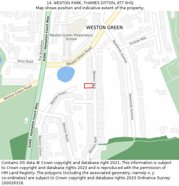 14, WESTON PARK, THAMES DITTON, KT7 0HQ: Location map and indicative extent of plot