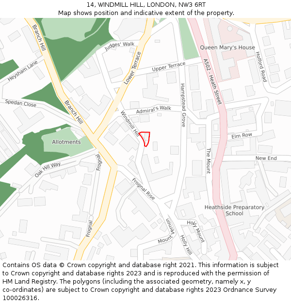 14, WINDMILL HILL, LONDON, NW3 6RT: Location map and indicative extent of plot