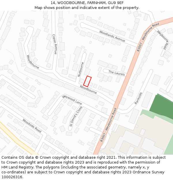 14, WOODBOURNE, FARNHAM, GU9 9EF: Location map and indicative extent of plot