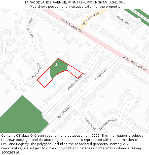 14, WOODLANDS AVENUE, WINNERSH, WOKINGHAM, RG41 3HL: Location map and indicative extent of plot