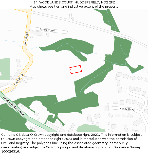 14, WOODLANDS COURT, HUDDERSFIELD, HD2 2FZ: Location map and indicative extent of plot