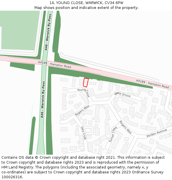 14, YOUNG CLOSE, WARWICK, CV34 6PW: Location map and indicative extent of plot