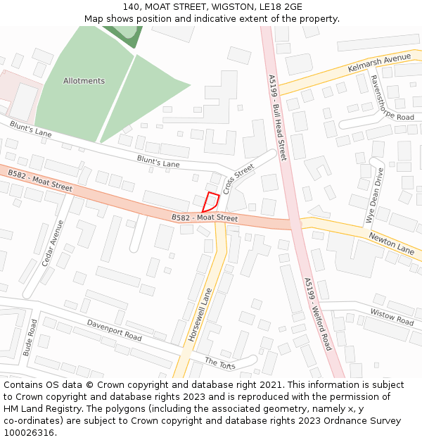 140, MOAT STREET, WIGSTON, LE18 2GE: Location map and indicative extent of plot