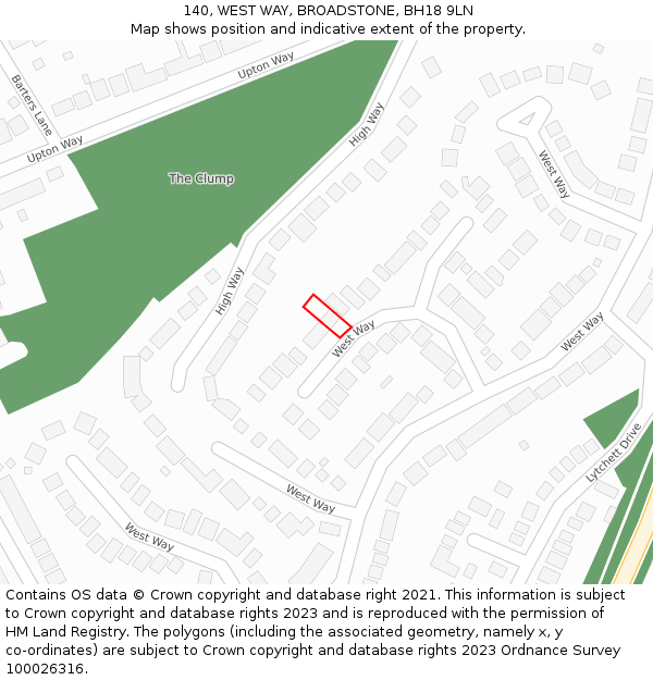 140, WEST WAY, BROADSTONE, BH18 9LN: Location map and indicative extent of plot