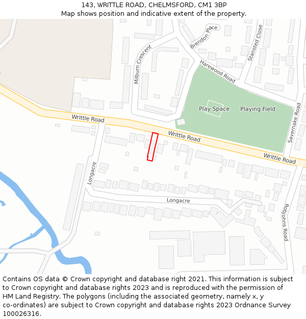 143, WRITTLE ROAD, CHELMSFORD, CM1 3BP: Location map and indicative extent of plot