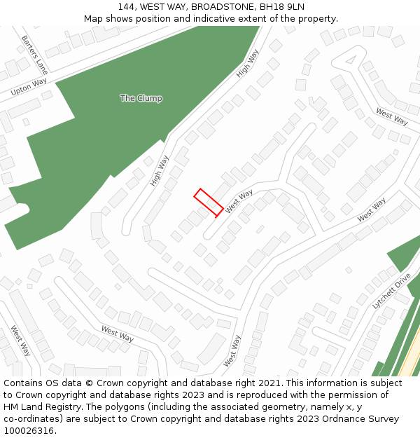 144, WEST WAY, BROADSTONE, BH18 9LN: Location map and indicative extent of plot