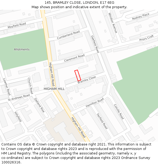 145, BRAMLEY CLOSE, LONDON, E17 6EG: Location map and indicative extent of plot