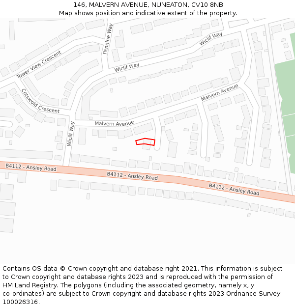 146, MALVERN AVENUE, NUNEATON, CV10 8NB: Location map and indicative extent of plot