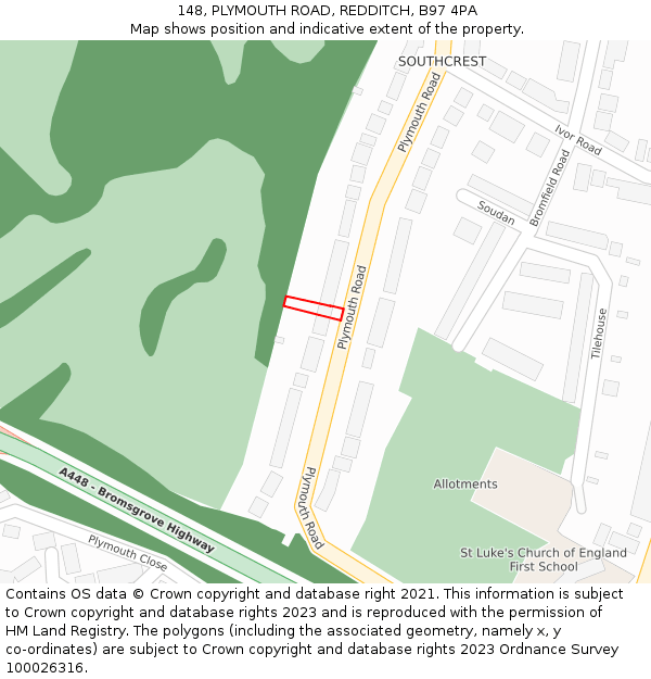 148, PLYMOUTH ROAD, REDDITCH, B97 4PA: Location map and indicative extent of plot